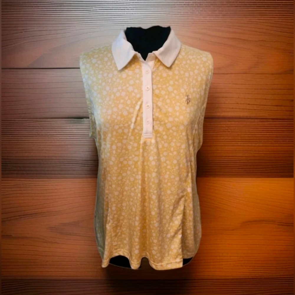 Womens Button Up Collared Sleeveless Yellow Floral Golf Tennis Polo Shirt Top